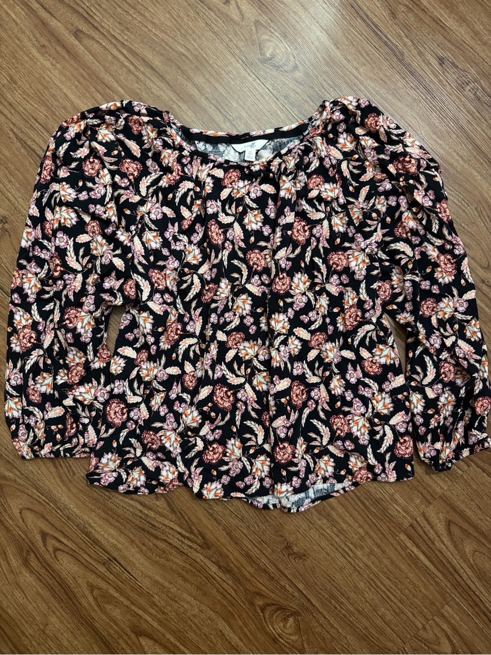 Terra & Sky Black Floral Puff-Sleeve Blouse with Pink and Cream Accents